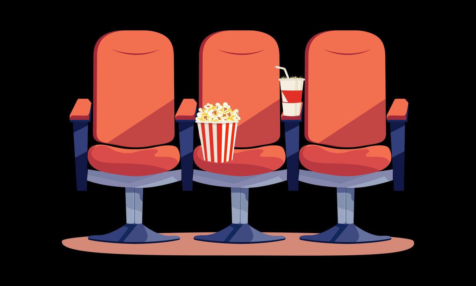 Red chairs, popcorn and soda for watching a movie. Movie ticket. Isolated on white background. Horizontal banner in flat style. illustration vector