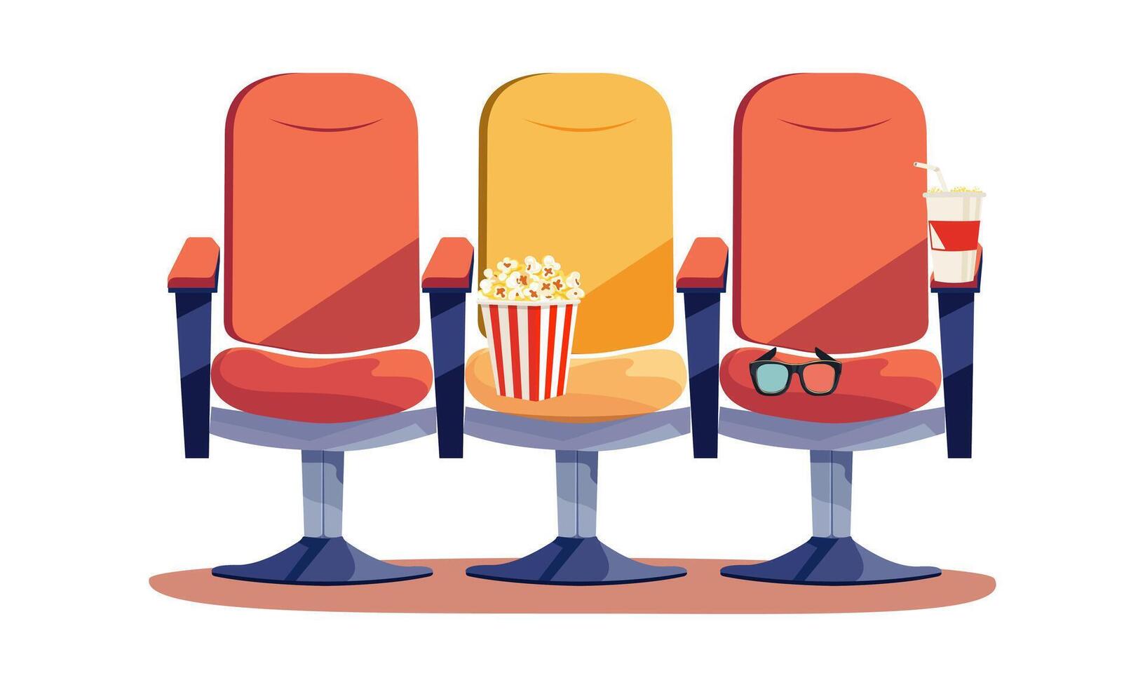 Chairs, popcorn, 3d glasses and soda for movie watching. Isolated on white background. Horizontal banner in flat style. illustration vector
