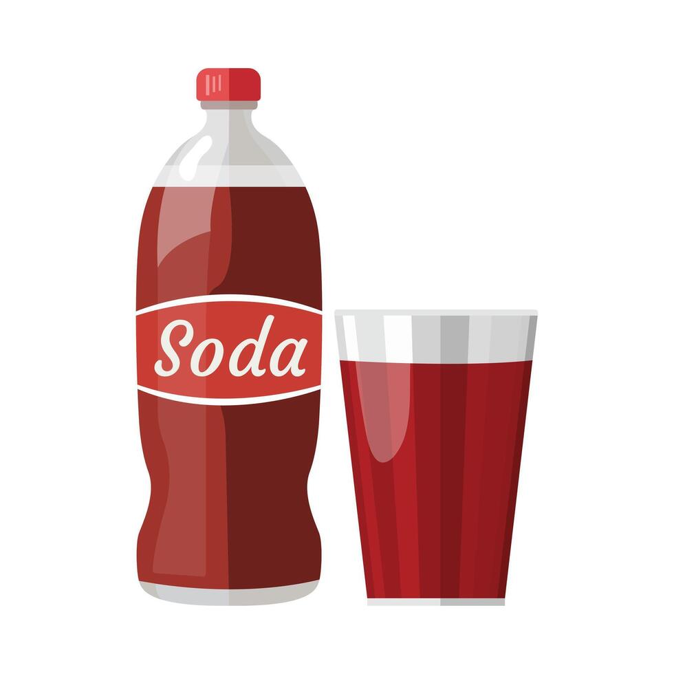 Sweet red soda bottle and faceted glass with drink. Flat icons of soda water isolated on white background vector