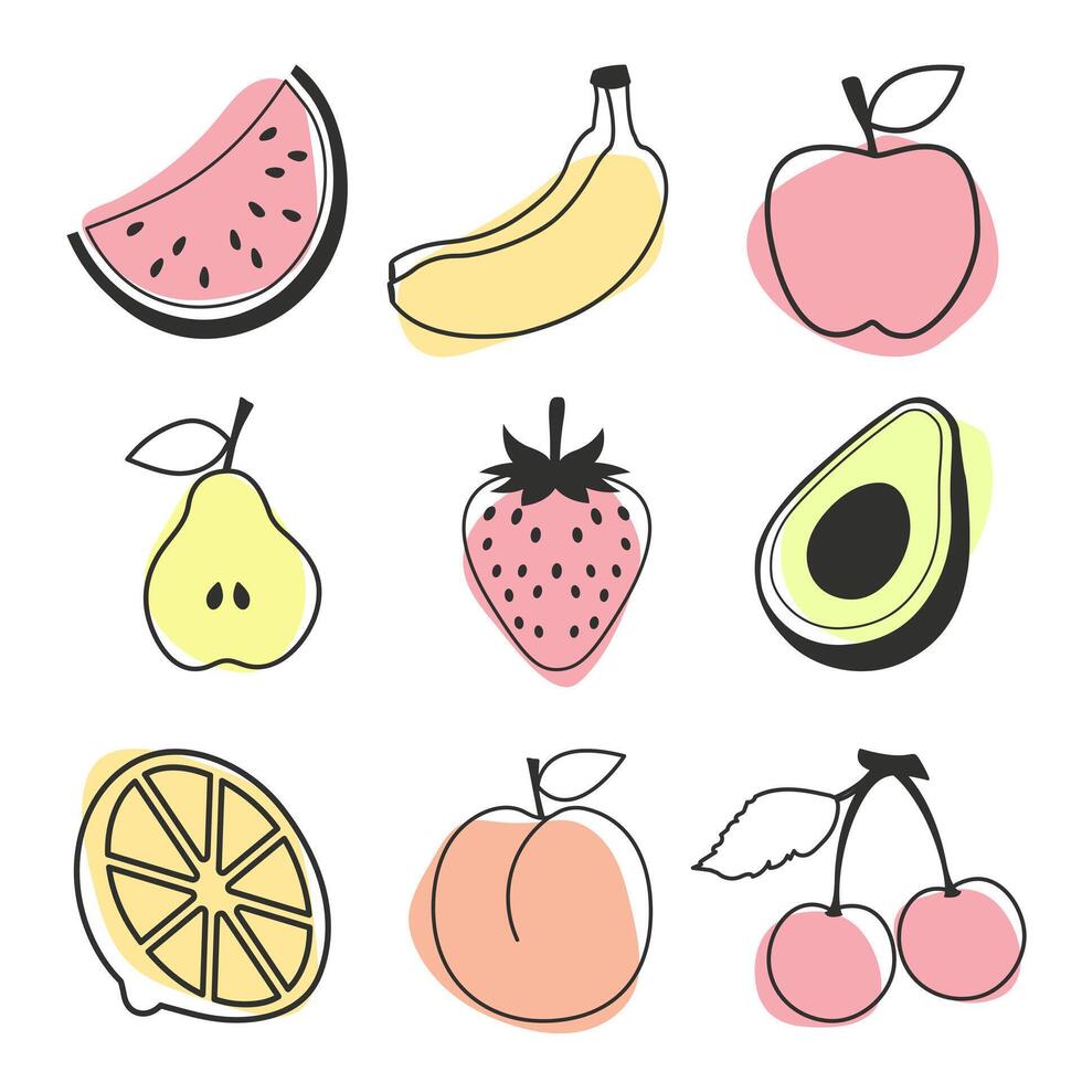 Set of fruit icons in outline style on white background vector
