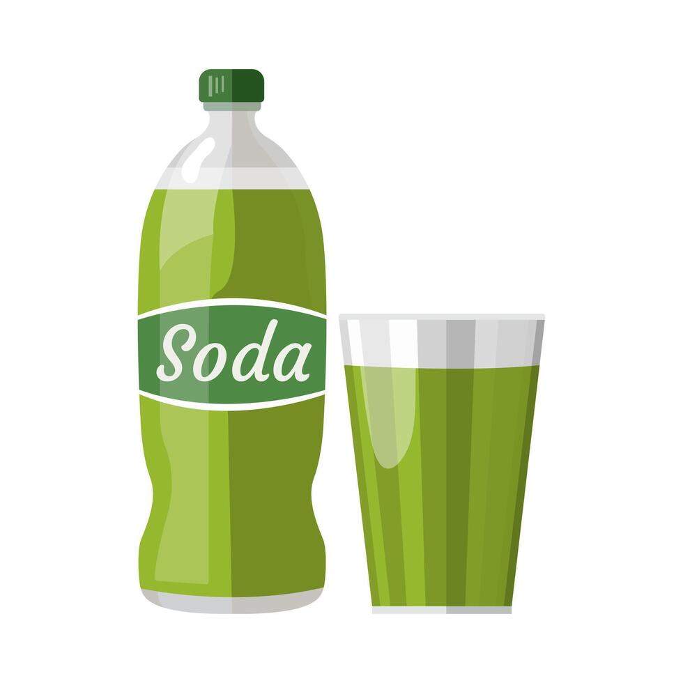 Sweet green soda bottle and faceted glass with drink. Flat icons of soda water isolated on white background vector