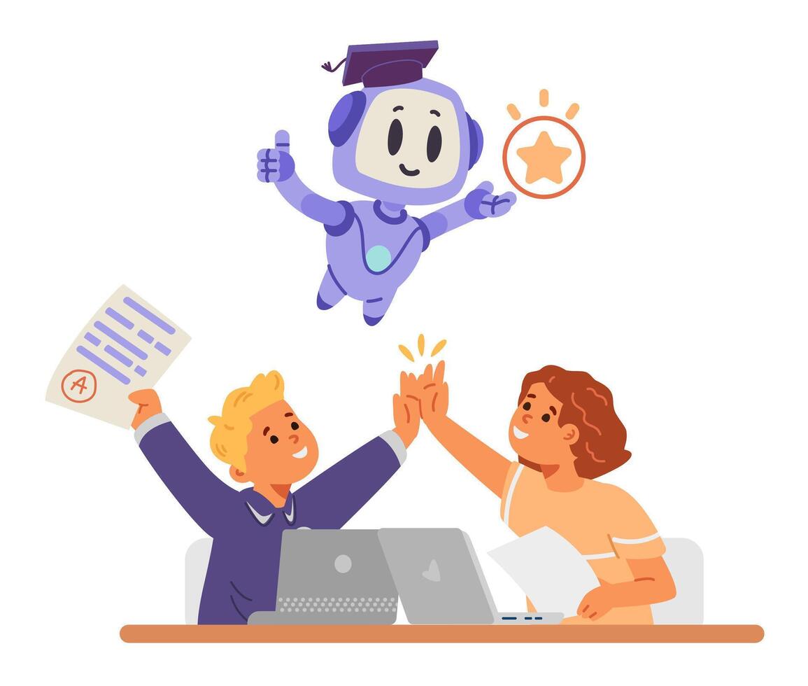 School children boy and girl with laptops and Ai bot celebrating success in education. Artificial intelligence in education concept flat illustration isolated on white. vector
