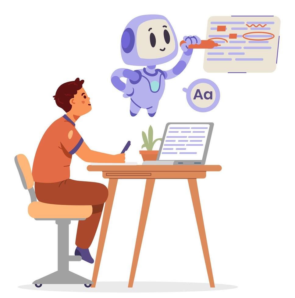 Artificial intelligence in school education concept flat illustration isolated on white. School boy use Ai robot help in checking spelling. vector