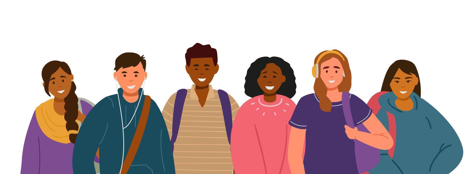 Multiracial group of male and female students teenagers with backpacks smiling flat illustration isolated on white. vector