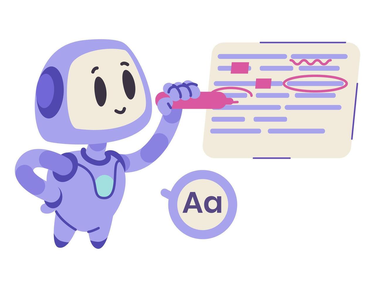Artificial intelligence robot character in education concept flat illustration isolated on white. Ai bot checking spelling in text. Routine tasks automation concept. vector