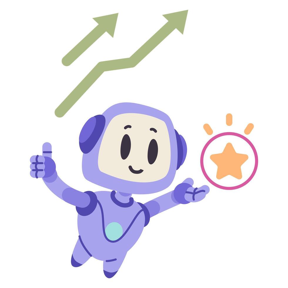 Artificial intelligence robot character flat illustration isolated on white. Ai bot showing thumb up and holding star. Achievements concept. vector