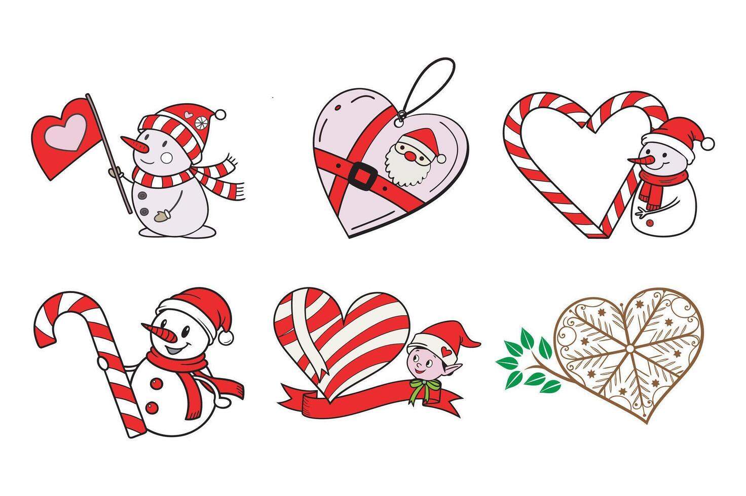 Christmas Icon Set. Festive Holiday Themed Icons including Santa Claus, Candy cane, Snowman, snowflake, Christmas tree with heart shape. vector