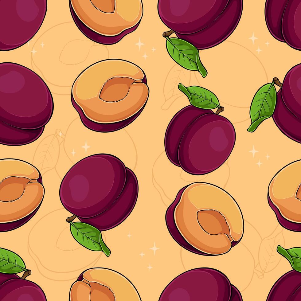 Hand drawn seamless pattern of a set of full and half cut juicy fresh brownish gray purple plums vector