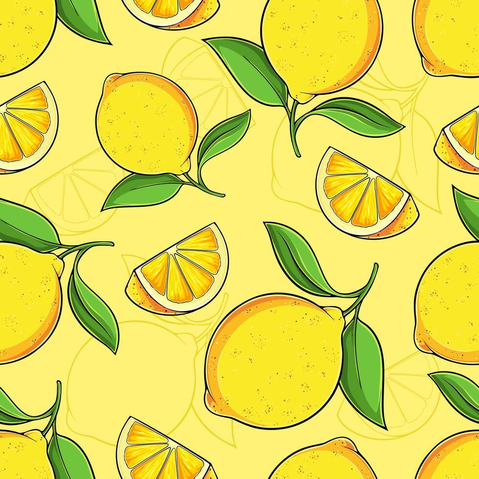 Hand drawn seamless pattern of sour juicy yellow full and cutout lemons with green leaves isolated vector