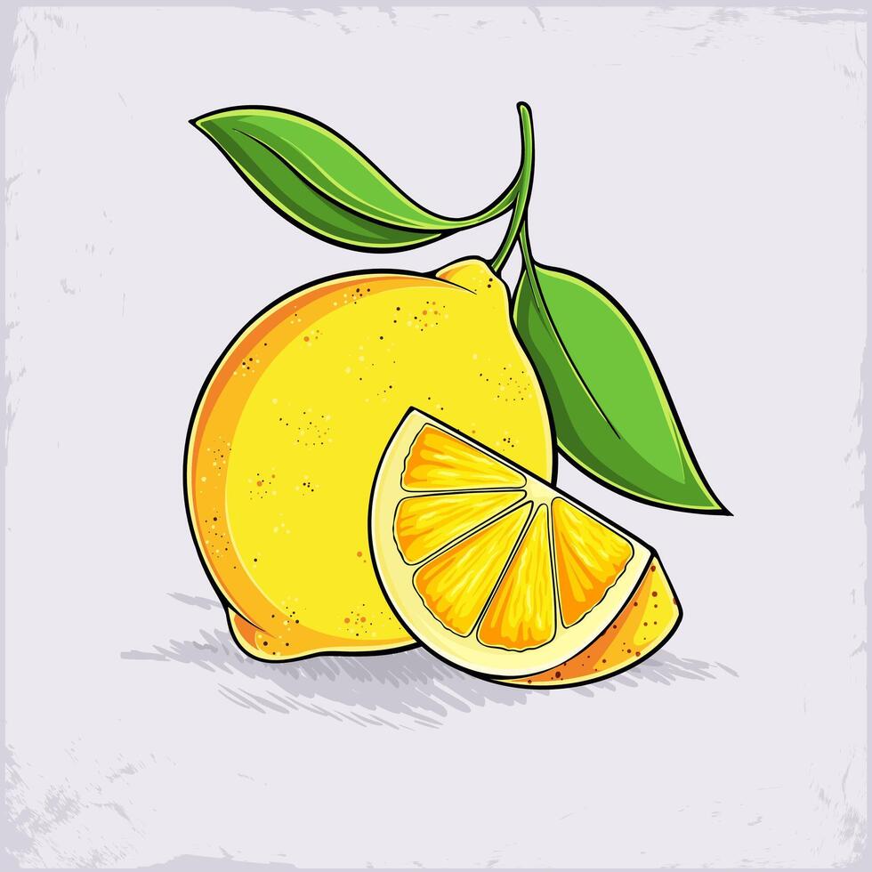 Hand drawn sour juicy yellow full and cutout lemons with green leaves isolated on white background vector