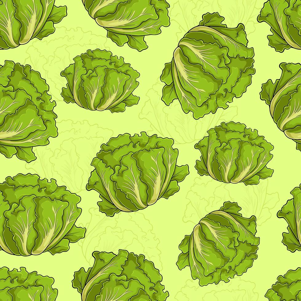 Hand drawn seamless pattern of fresh organic healthy green lettuce leaves for good nutrition vector