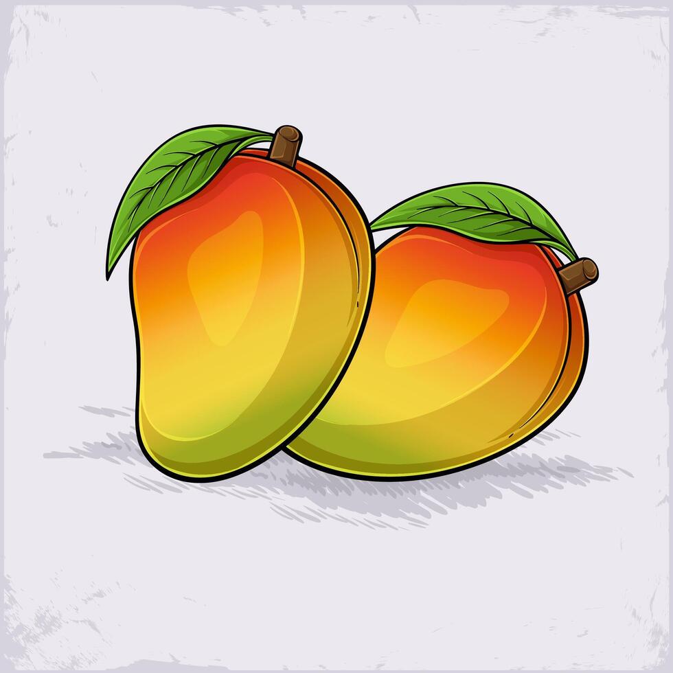 Hand drawn pair of juicy red, yellow tasty tropical exotic fresh mangos with green leaves on top vector
