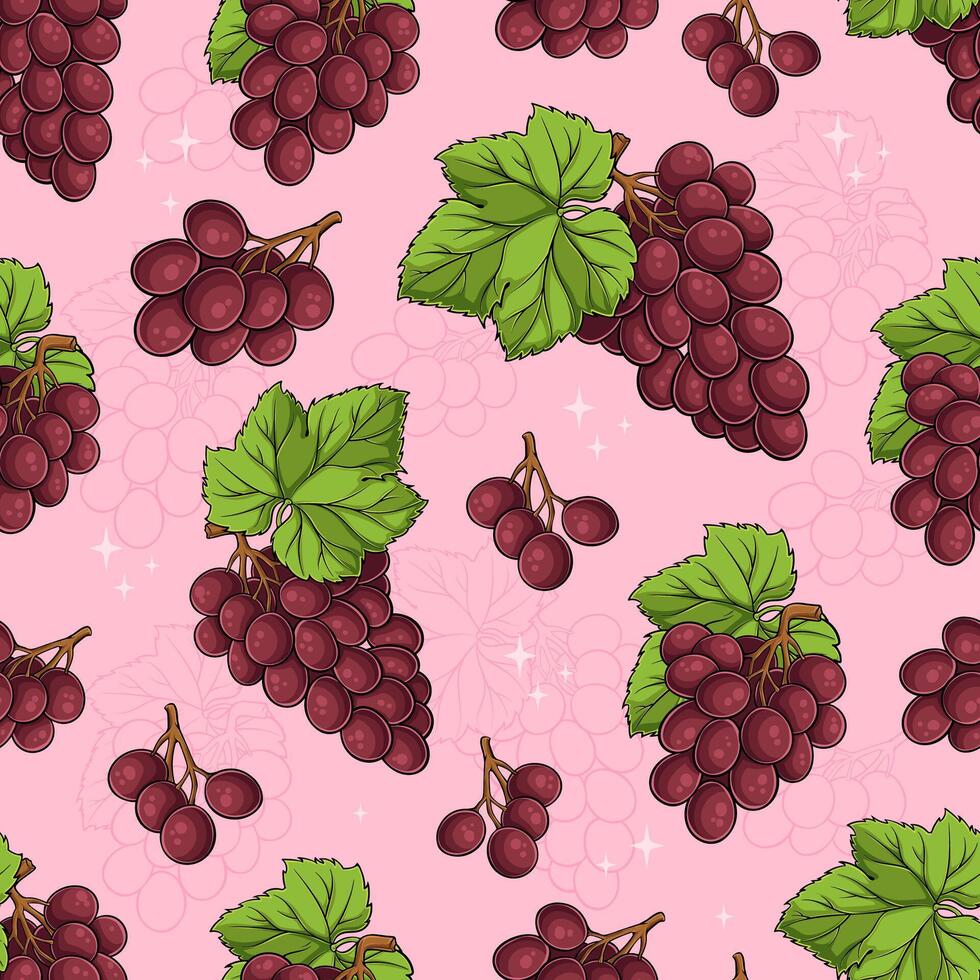 Hand drawn seamless pattern of red globe, flame seedless, crimson seedless grapes with green leaves vector