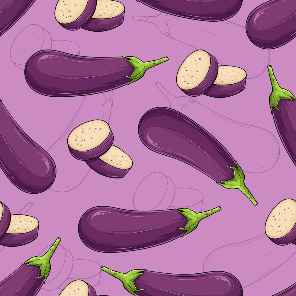 Hand drawn seamless pattern of fresh purple fully and sliced eggplant good for body and skin health vector
