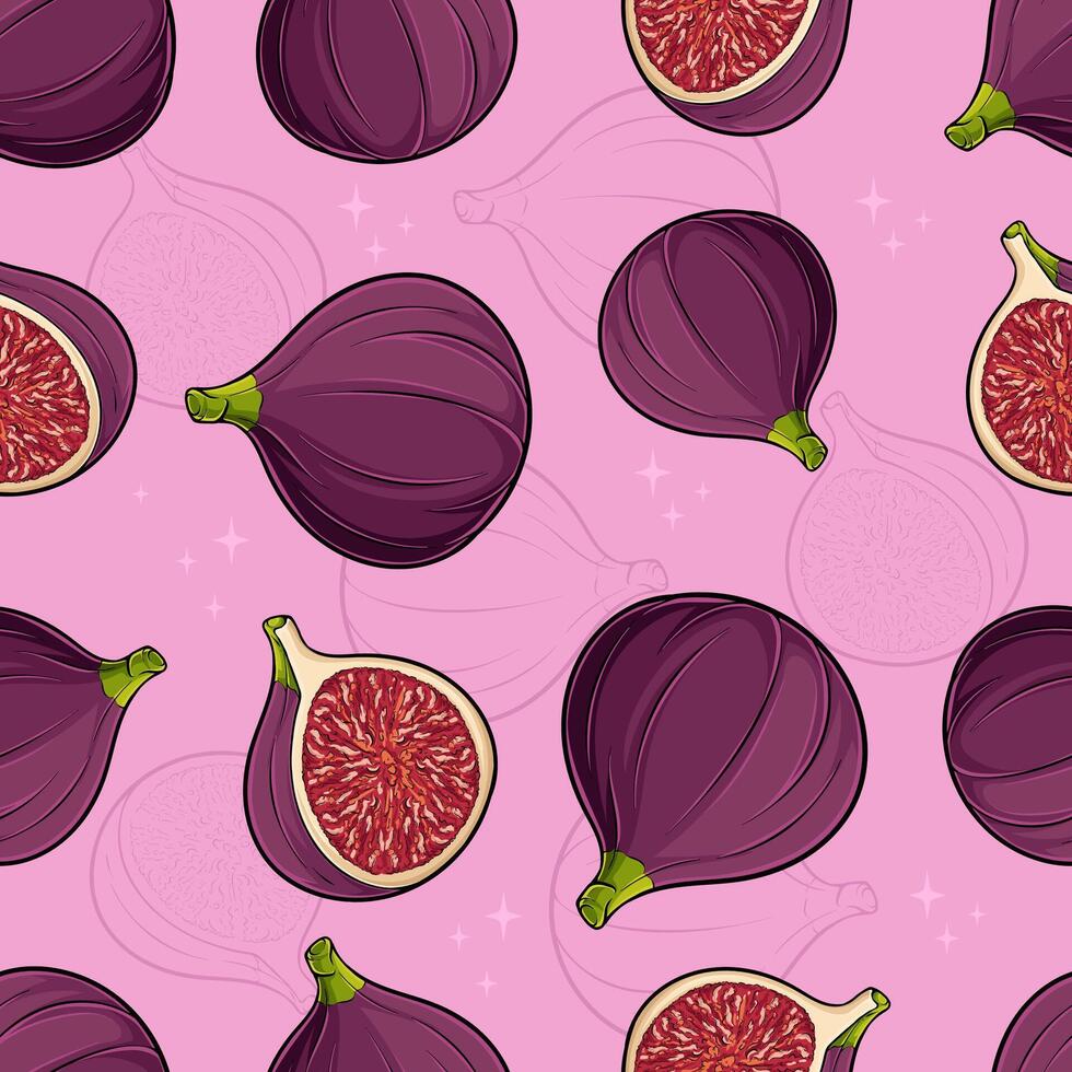 Hand drawn seamless pattern of set of tasty organic fully and half cut purple figs with red seed vector