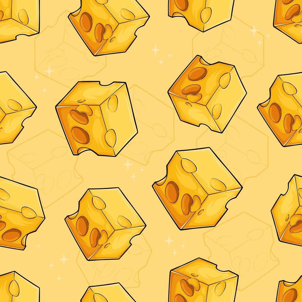 Hand drawn seamless pattern of set of tasty fresh yellow holed eyes Swiss cheese squared portions vector