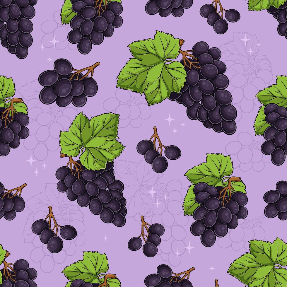 Hand drawn seamless pattern of concord, kyoho, thomcord blueish deep purple grape with green leaves vector