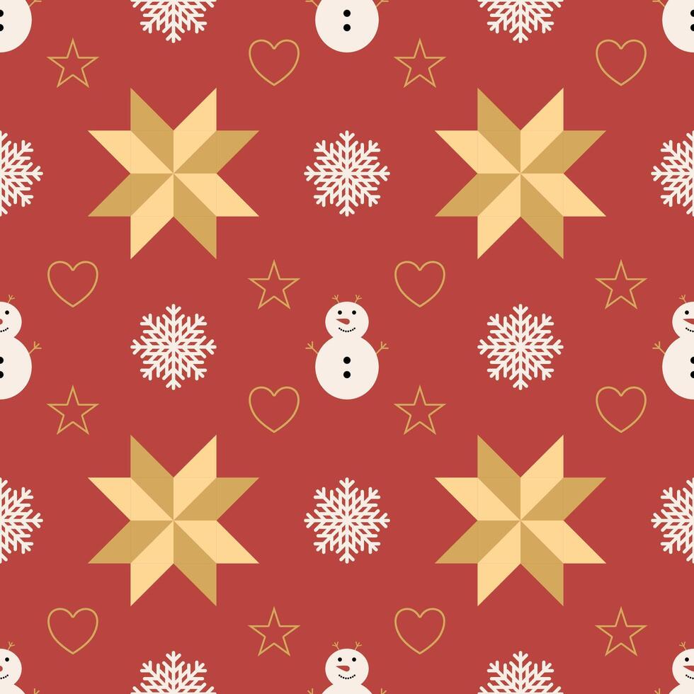 Elegant golden block star and snowman and snowflake with golden star and heart shapes on red background. Seamless pattern for wrapping paper, packaging on Christmas. vector