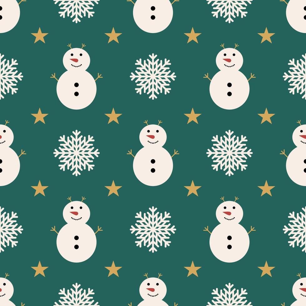 Cute snowman and snowflake with golden star on green background. Seamless pattern for wrapping paper, packaging on Christmas. vector