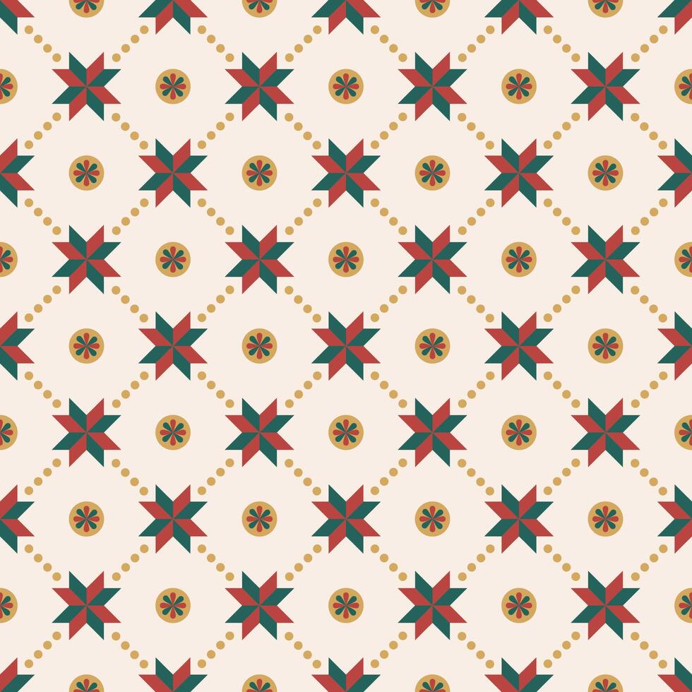 Christmas block star geometric and circle floral on beige background seamless pattern for Xmas wrapping paper, fabric and printing. vector