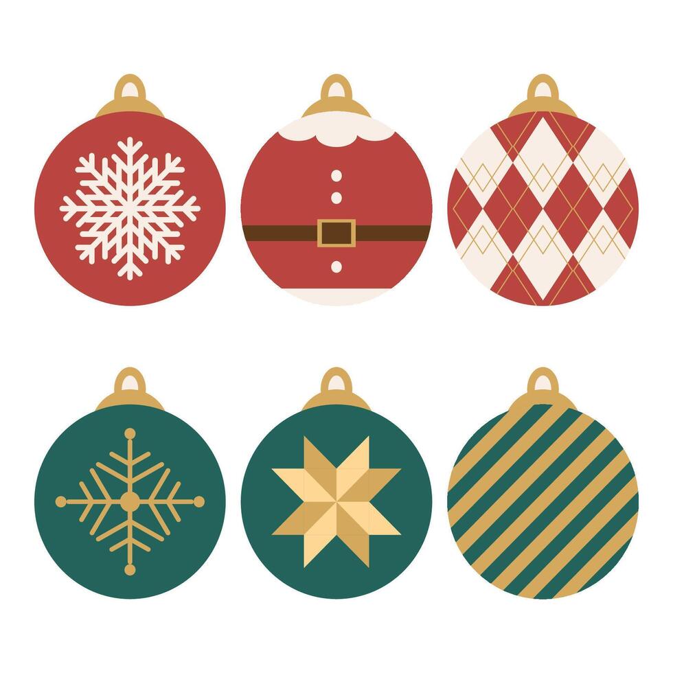 Christmas ornaments, design in ornament shape red and green snowflake, Santa, argyles, star and stripes for decoration, printing and accessories. vector