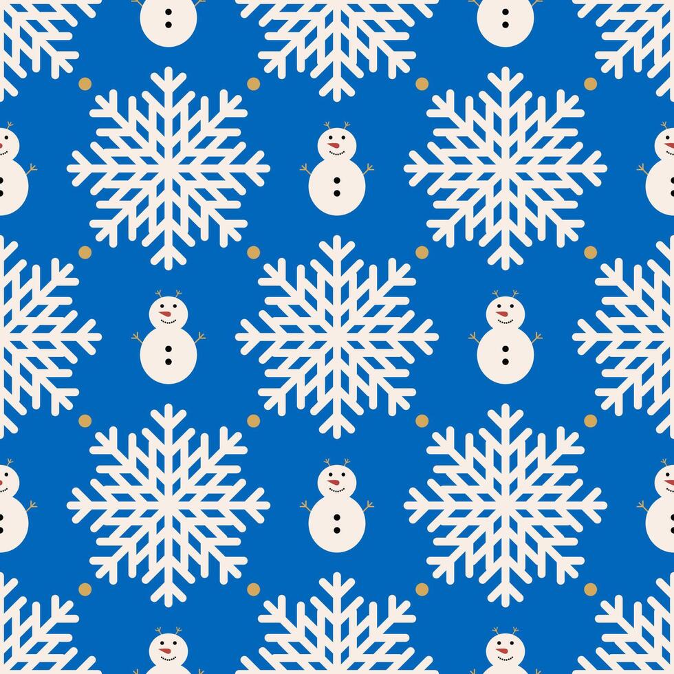 Cute snowflake and snowman with gold dot at the corner of the snowflake on blue background. Seamless pattern for wrapping paper, packaging on Christmas. vector