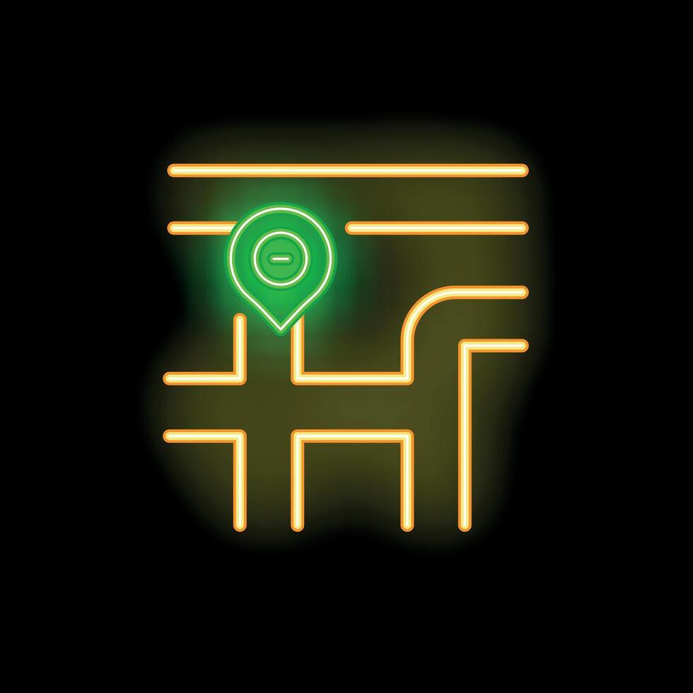 Green location pin showing destination on glowing neon city map vector