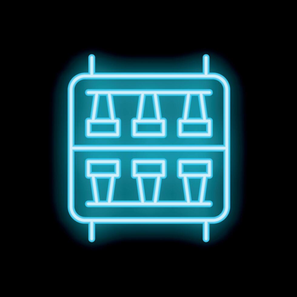 Neon icon of vending machine offering snacks and drinks in blue neon light vector