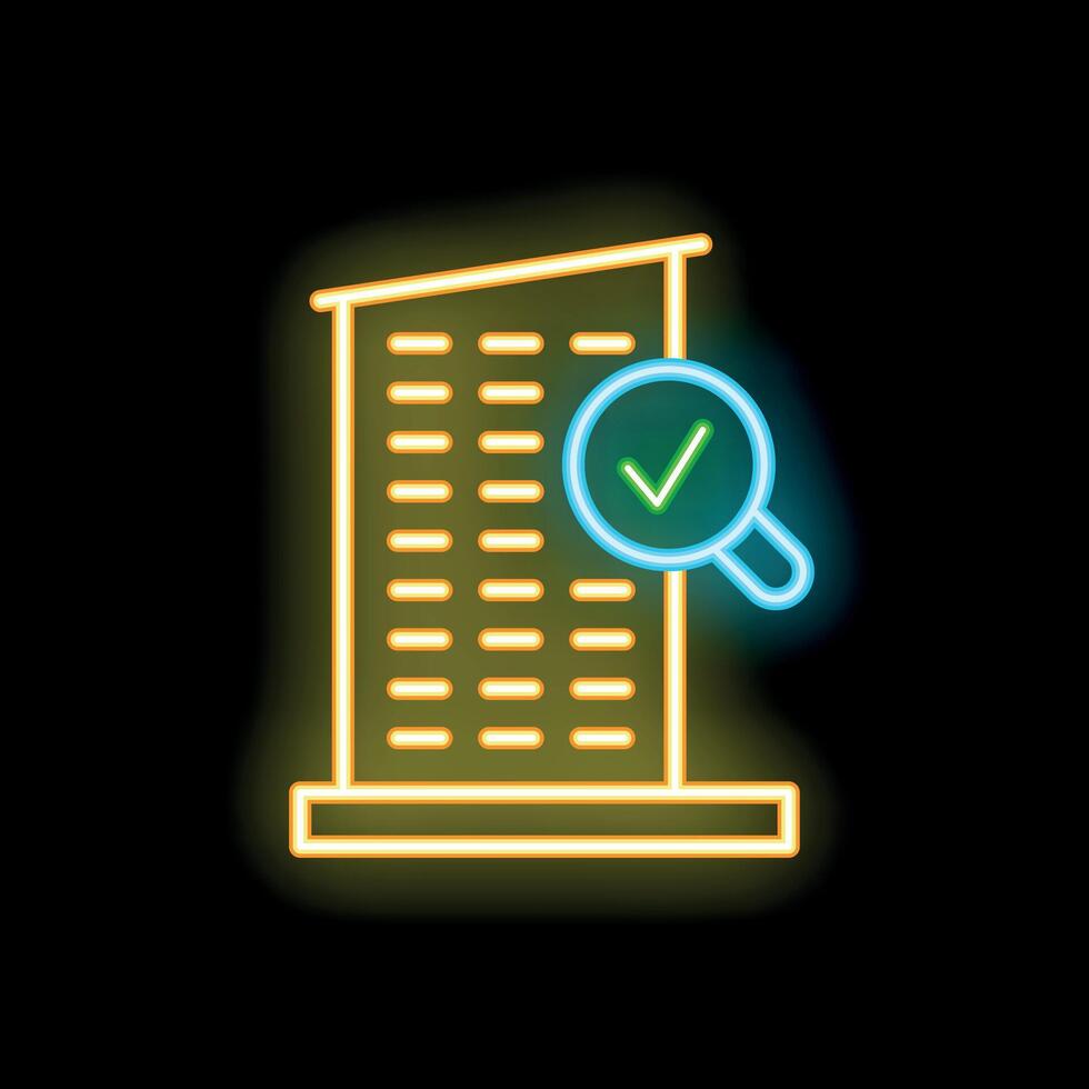 Neon style icon building being inspected passing with checkmark vector