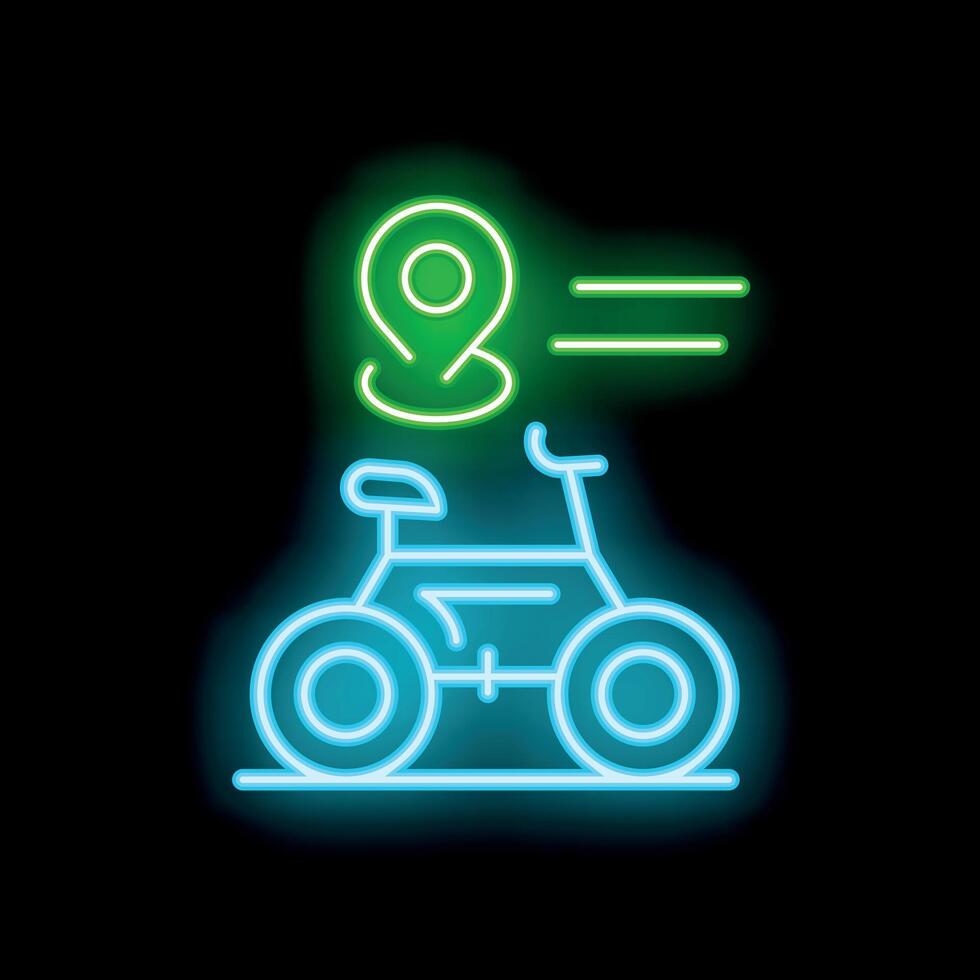 Neon sign showing bike sharing service location with bicycle and gps pin vector
