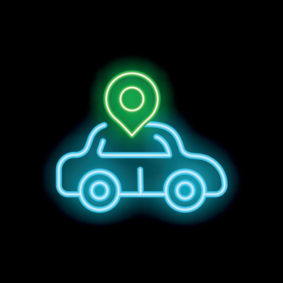 Neon style icon showing a car with a location pin above vector