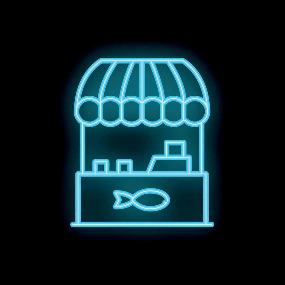 Glowing neon sign depicting a fish market stall on a black background vector