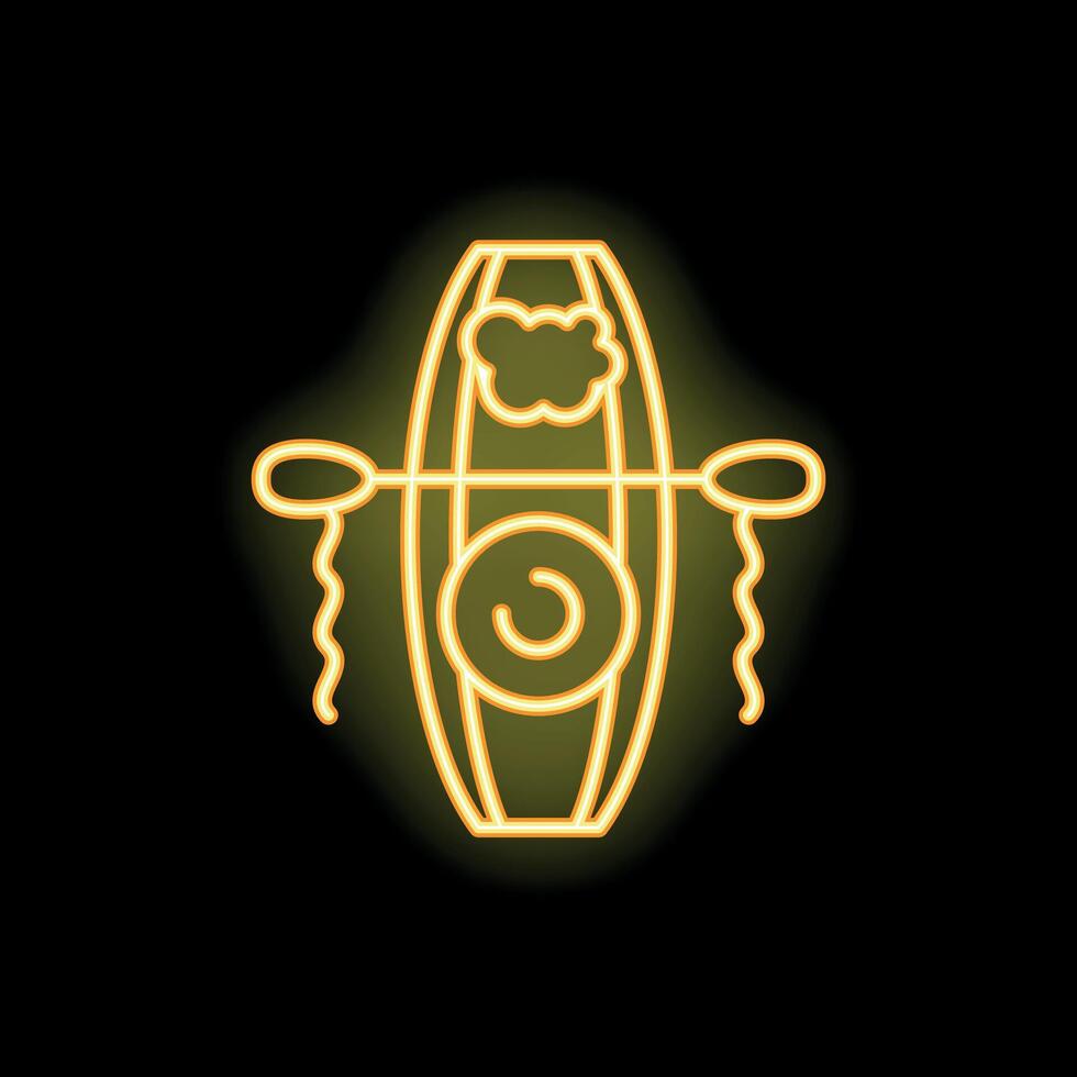Neon sign of a rafting boat with oars floating on black background vector