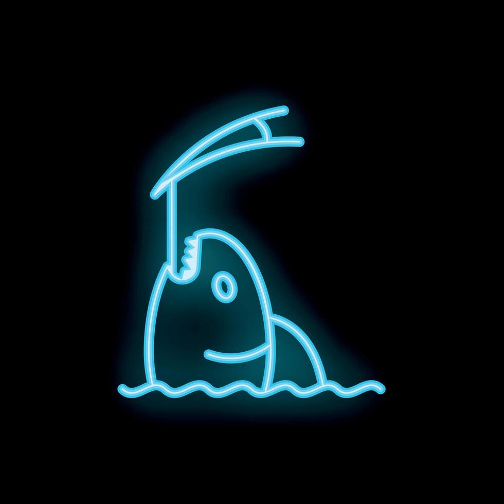 Neon blue fish biting a fishing rod on black background vector