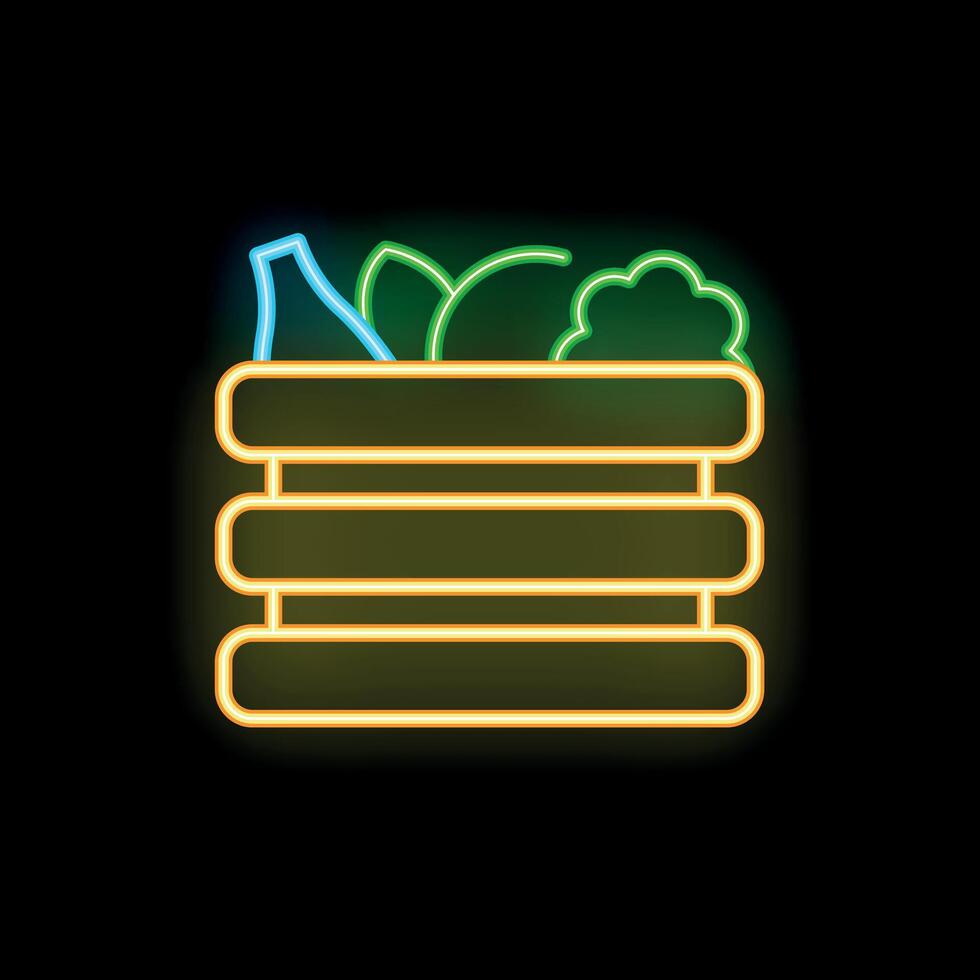 Neon vegetables sitting inside a crate glowing on black background vector