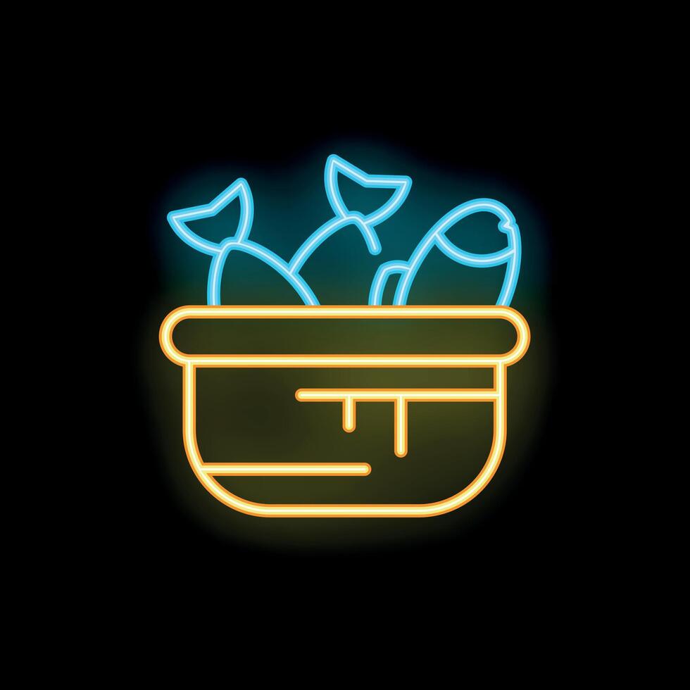 Neon icon of fish catching in basket depicting fishing industry vector