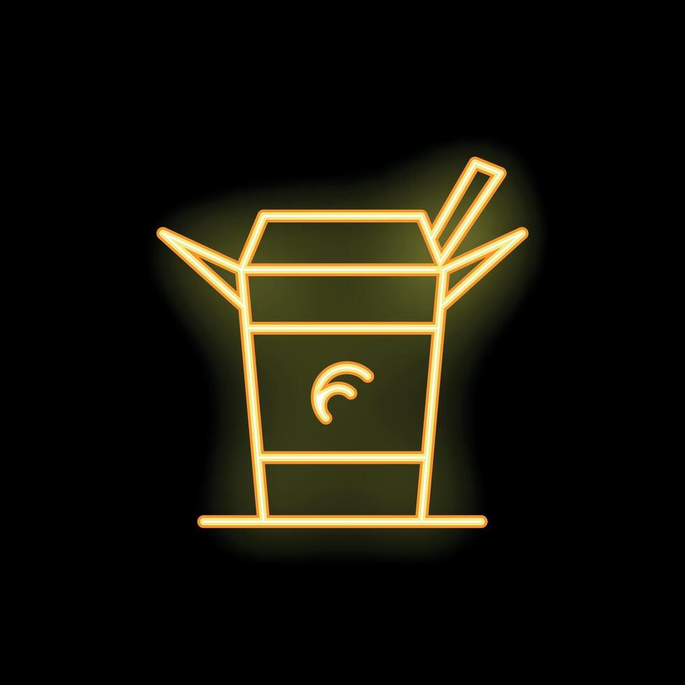 Neon sign of wok takeaway box with chopsticks on black background vector