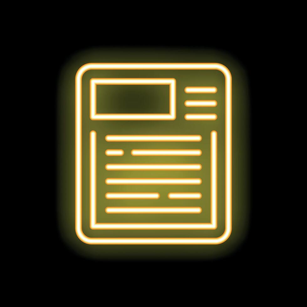 Glowing neon yellow icon of a news article on a black background vector