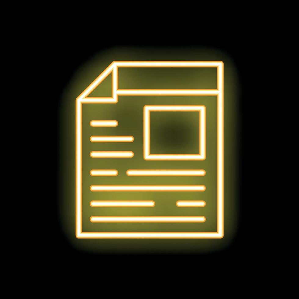 Yellow neon sign showing a document icon on a black background vector
