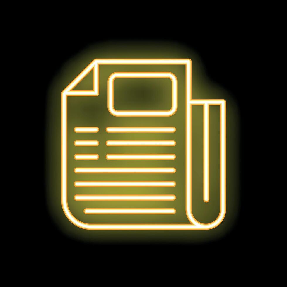 Yellow neon icon of newspaper is glowing on a black brick wall vector