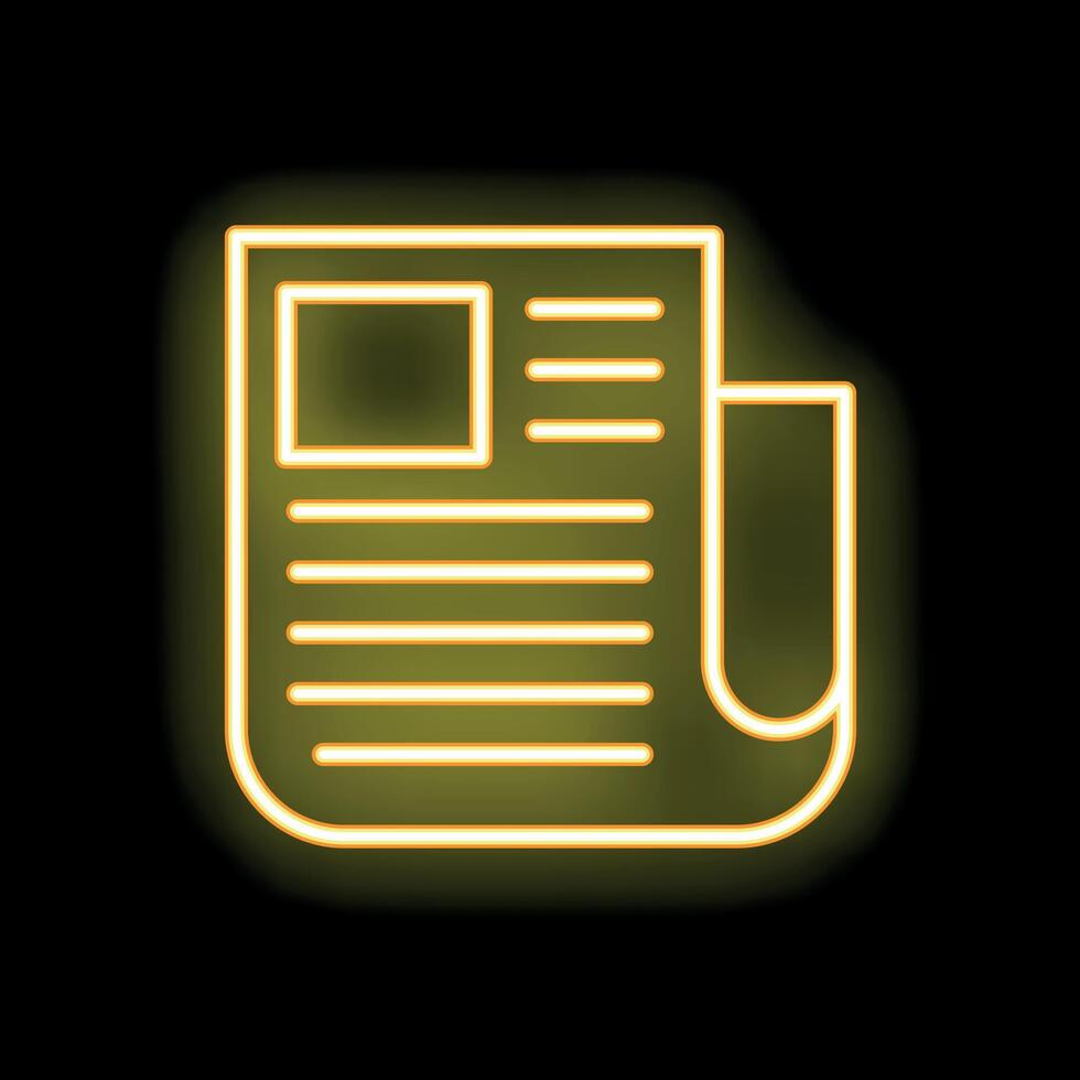 Yellow neon sign showing newspaper icon on black background vector