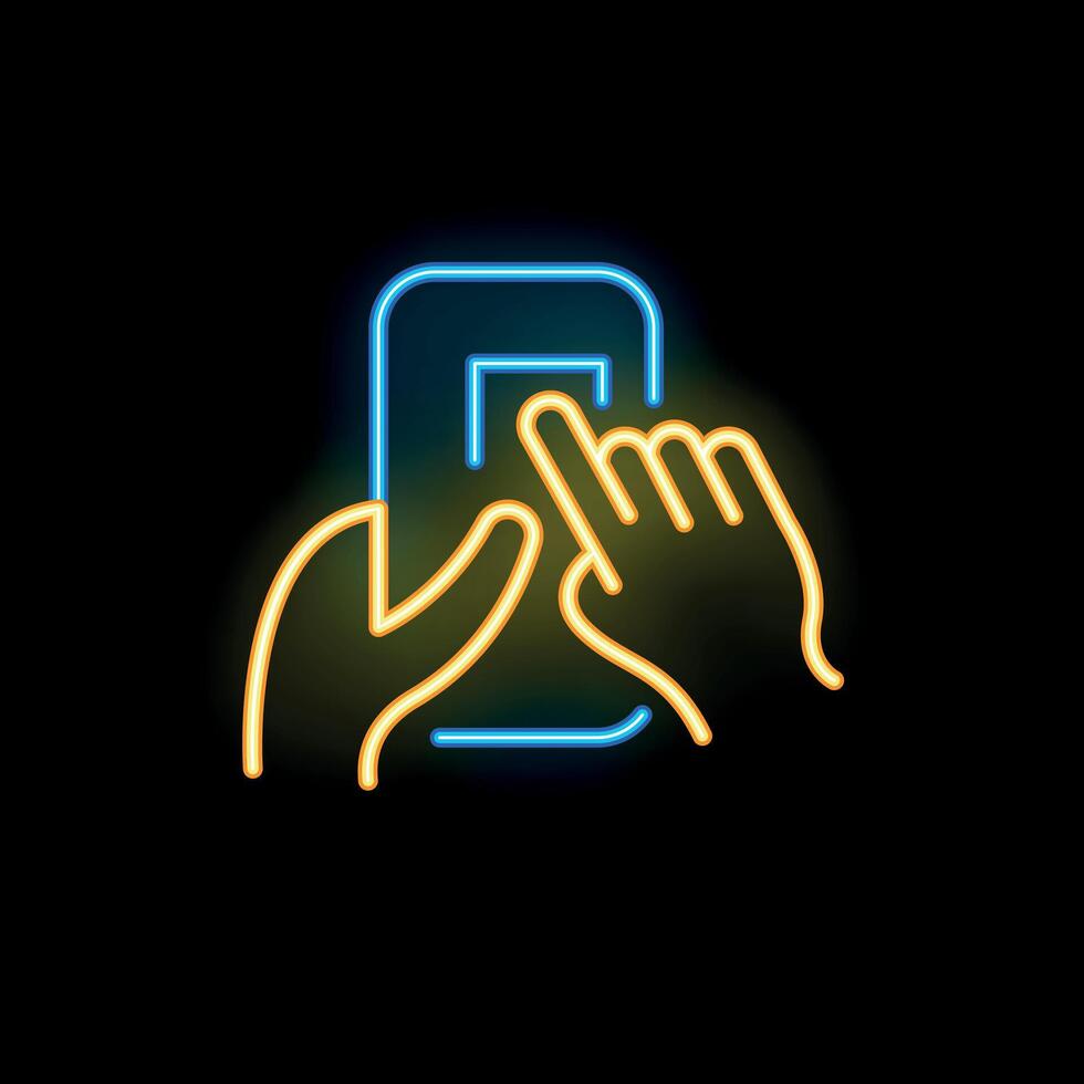 Hands holding smartphone browsing internet neon light style icon vector