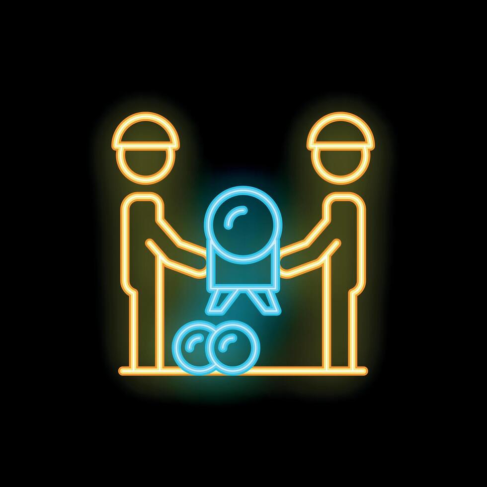 Construction workers carrying total station for geodesy and surveying neon signboard style icon vector