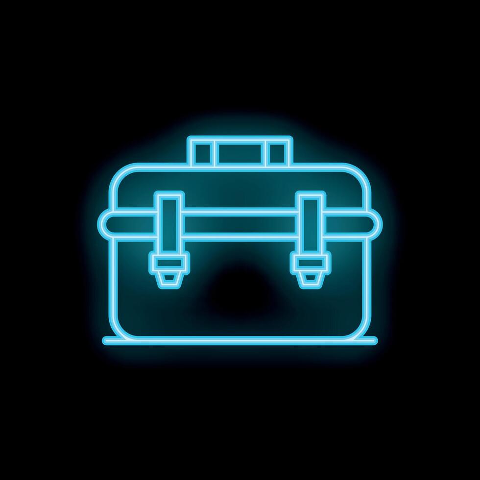 Blue neon toolbox icon glowing against a black background vector
