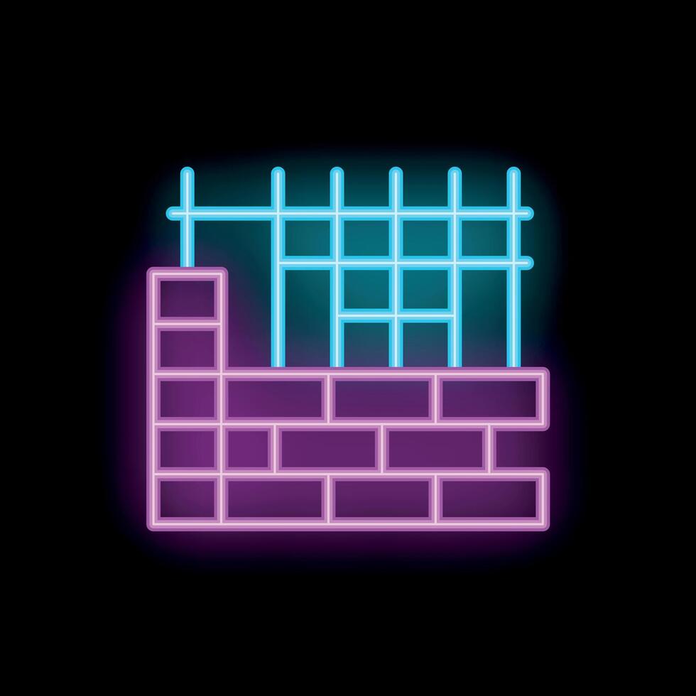 Neon sign representing building a brick wall with fence on top vector