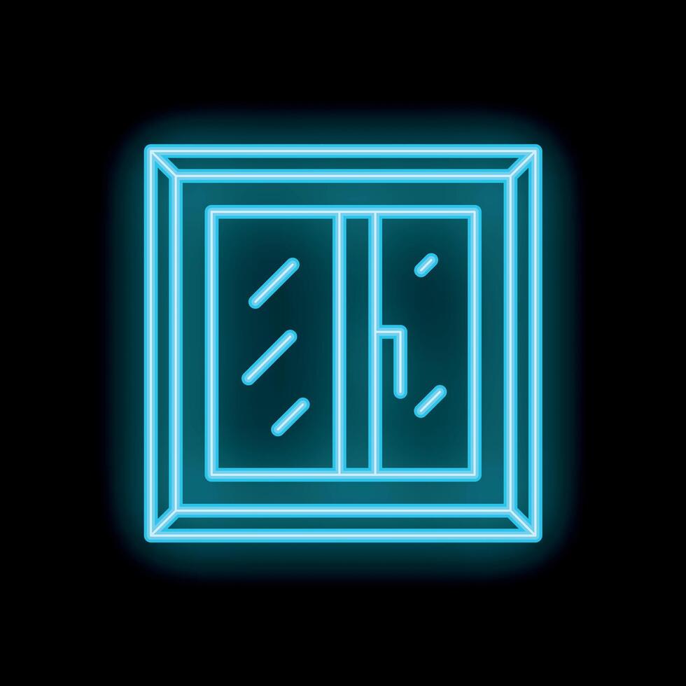 Blue neon sign of a window with rain outside on a black background vector