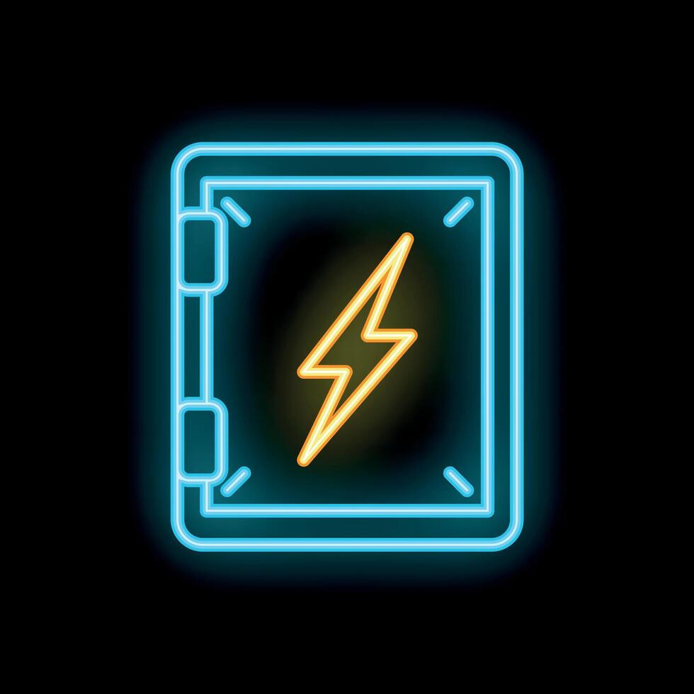 Neon sign of electrical panel with lightning bolt on black background vector
