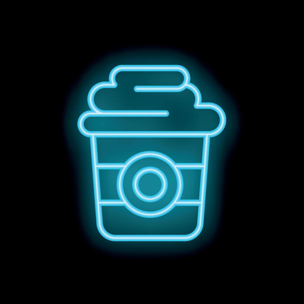 Blue neon sign showing a coffee cup with cream on black background vector