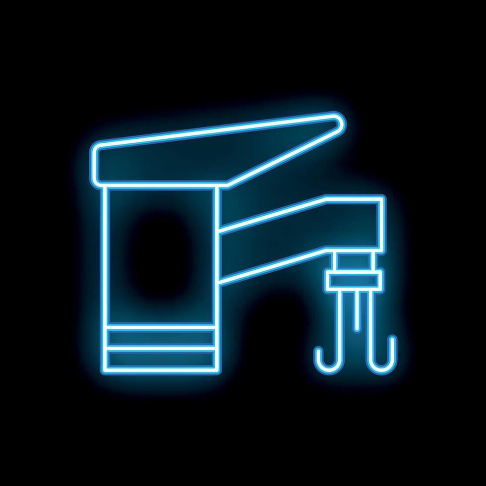 Blue neon sign of construction crane hook lifting steel beam on black background vector