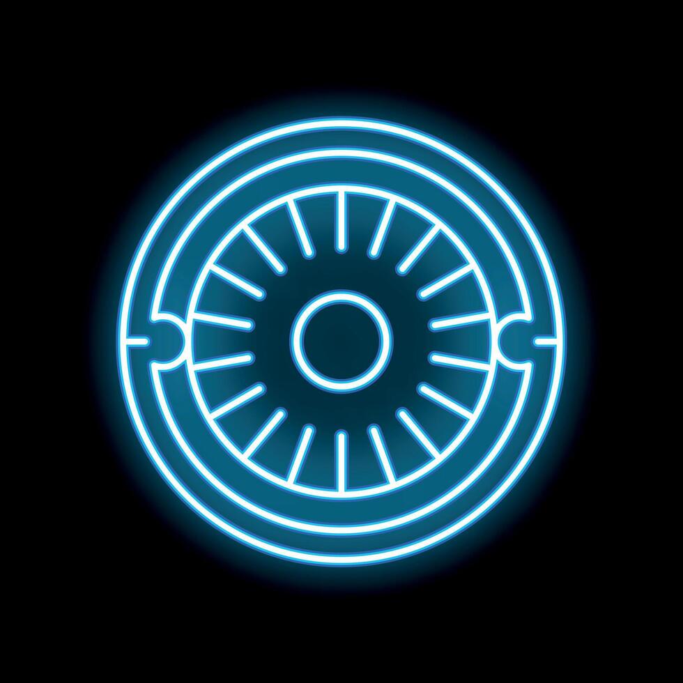 Blue neon sign of a round mechanical object with spokes on black background vector